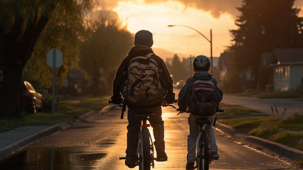 Kids riding bikes at sunset