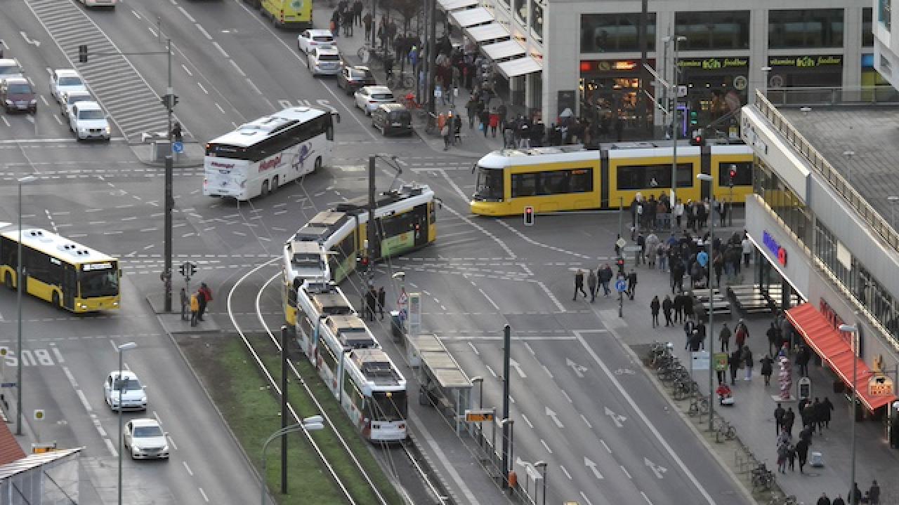 Aerial view of buses in center of town 